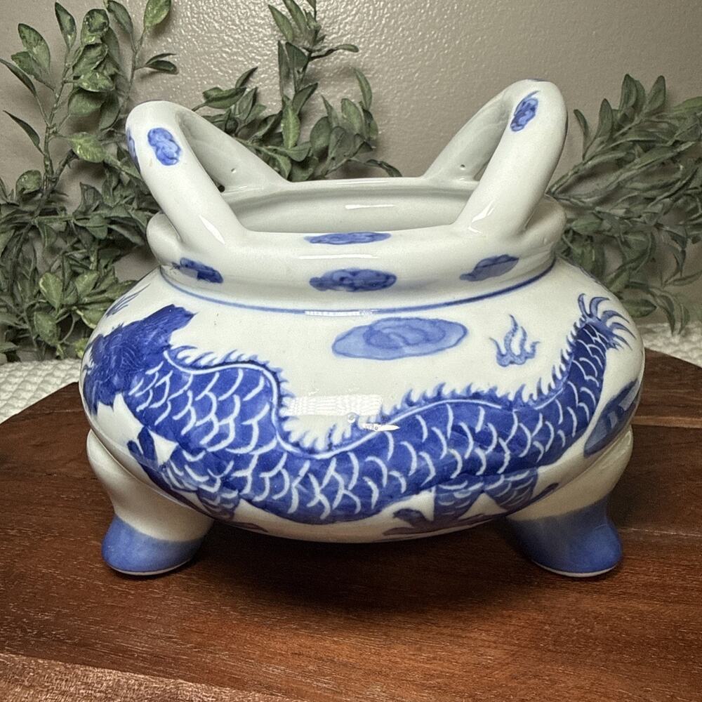 Chinese Blue White Dragon Tripod Censer Cachepot Planter Ceramic 6” Vintage